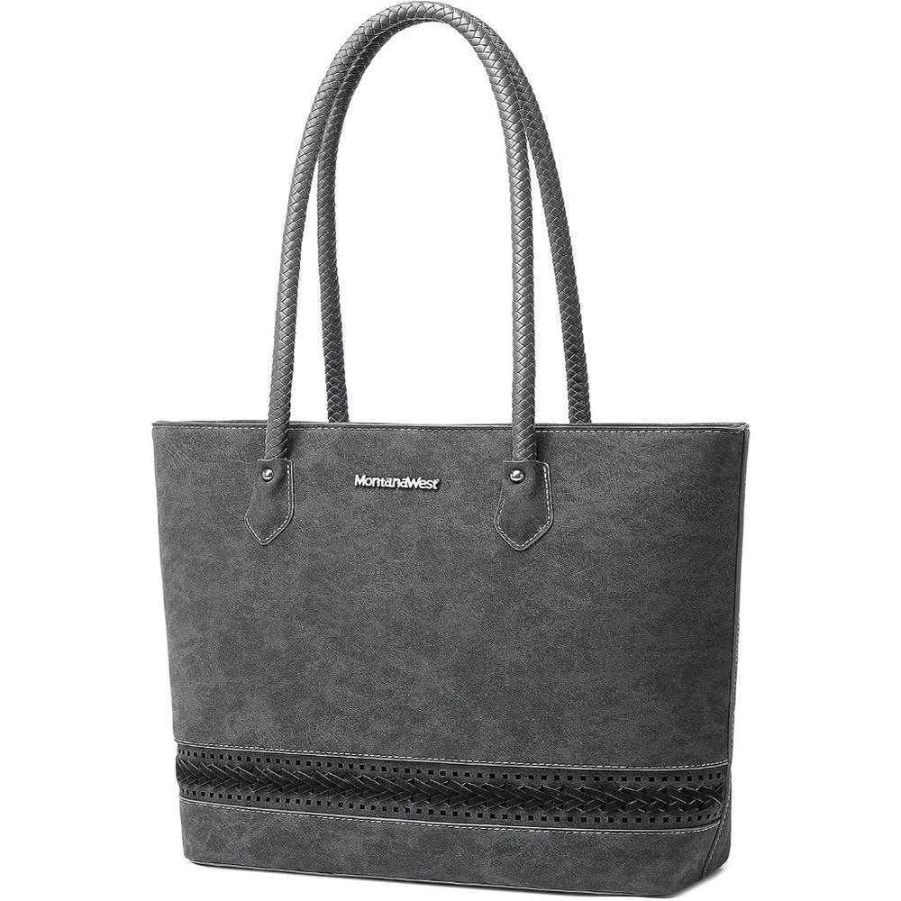 Women Woven Black Vegan Leather Large Tote Bags with Zipper